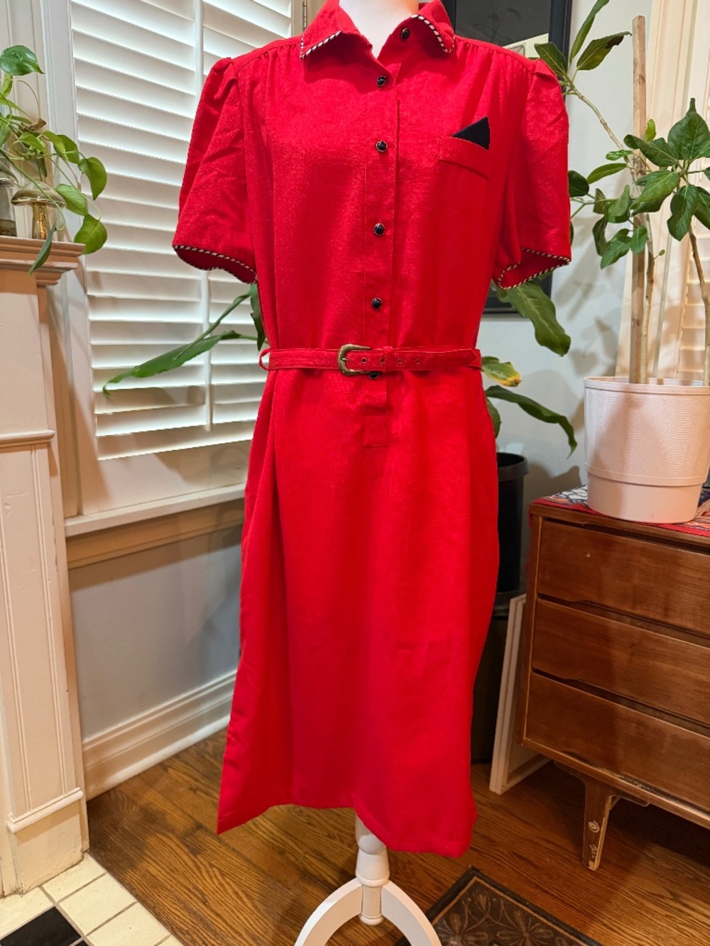 Vintage midi red shirt dress with matching belt.